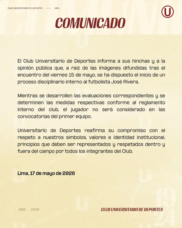 Comunicado de Universitario sobre José Rivera. Foto: Universitario  