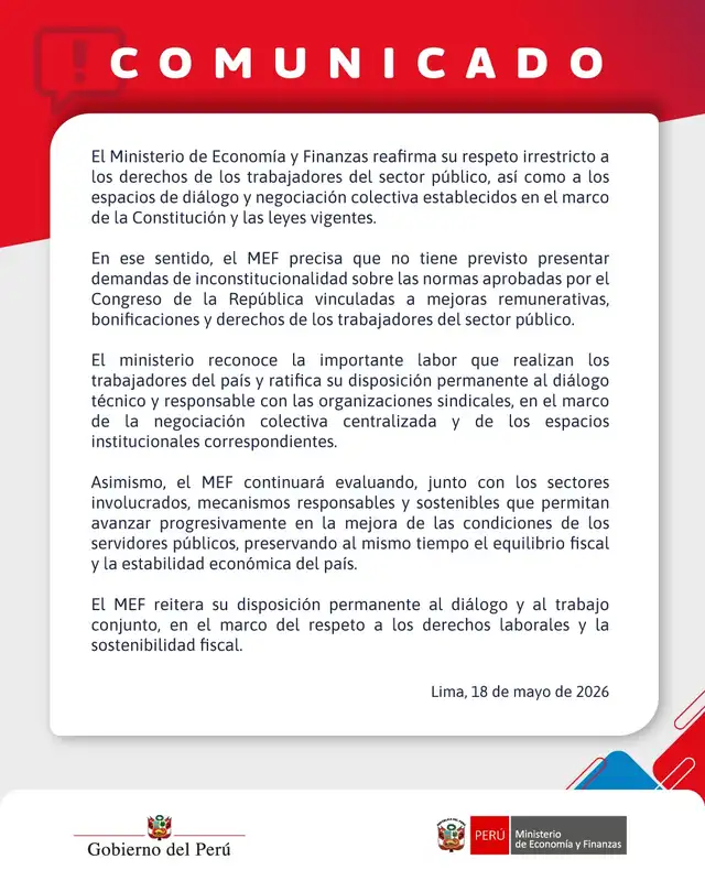 Comunicado del Ministerio de Economía y Finanzas (MEF).