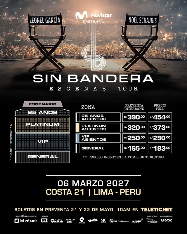 Entradas para el concierto de Sin Bandera en Costa 21. Foto: difusión.
