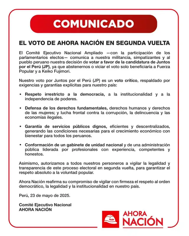 Comunicado de Ahora Nacion