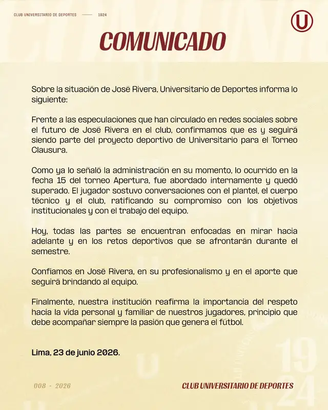Comunicado de Universitario de Deportes. Foto: Universitario Comunicado de Universitario de Deportes. Foto: Universitario