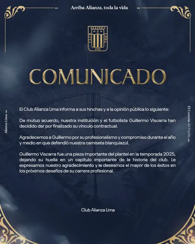 Comunicado de Alianza Lima sobre Guillermo Viscarra. Foto: Alianza Lima Comunicado de Alianza Lima sobre Guillermo Viscarra. Foto: Alianza Lima