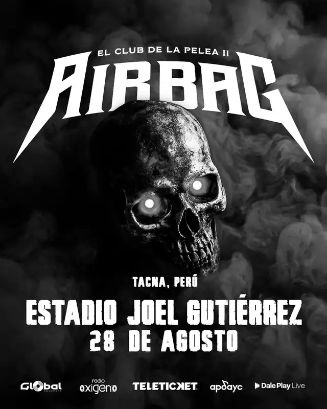 Airbag se presentará por primera vez en Tacna. El concierto será en el Estadio Joel Gutiérrez, interpretando éxitos como ‘Cae el sol’ y ‘Nunca lo olvides'.
