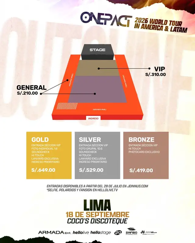 Zonas y precios de las entradas para concierto de ONE PACT en Lima Zonas y precios de las entradas para concierto de ONE PACT en Lima