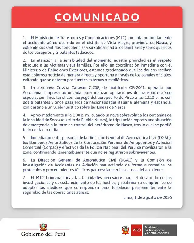 Comunicado del MTC tras accidente en Nasca
