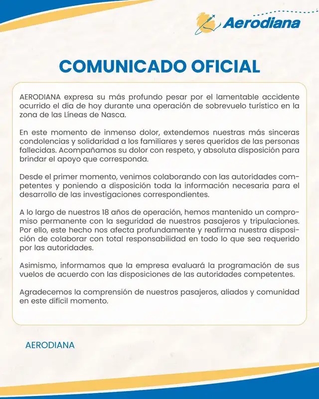 Comunicado de la empresa que operaba la avioneta que sufrió accidente.