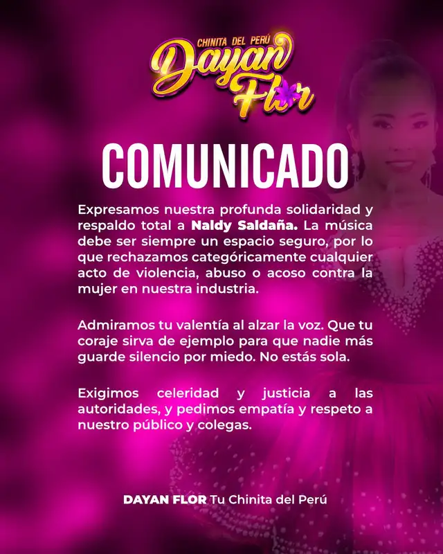 Comunicado de Dayan Flores sobre el caso Naldy Saldaña.