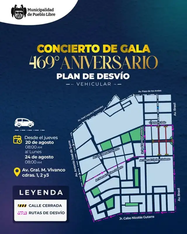 Entre las rutas alternas se incluyen la avenida Antonio José de Sucre y la avenida Manuel Cipriano Dulanto, que permitirán a los conductores rodear la zona restringida durante el evento.