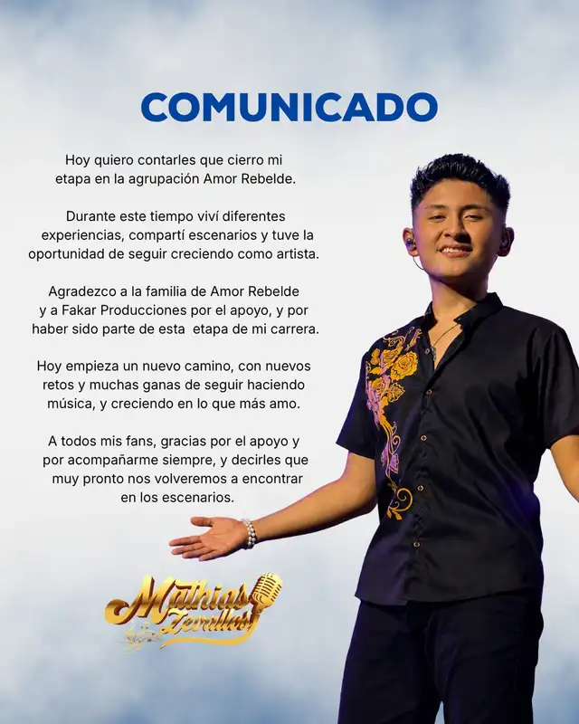Comunicado de Mathías Zevallos sobre su salida de Amor Rebelde.