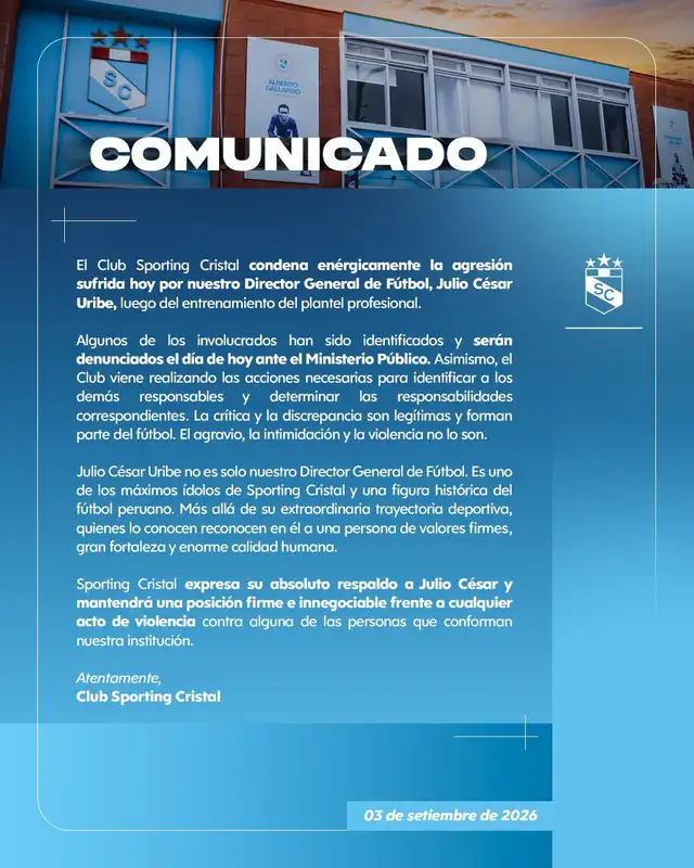 Sporting Cristal condenó ataque contra Julio César Uribe. Foto: Sporting Cristal Sporting Cristal condenó ataque contra Julio César Uribe. Foto: Sporting Cristal