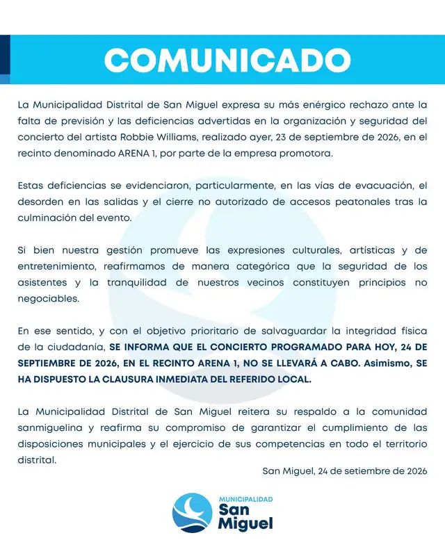 La Municipalidad de San Miguel cancela segundo show de Robbie Williams.