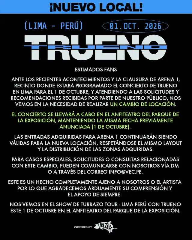 El evento, que iba a realizarse en Arena 1 Park, cambió de locación tras su clausura. Las entradas adquiridas seguirán siendo válidas, respetando el mismo layout inicial. El evento, que iba a realizarse en Arena 1 Park, cambió de locación tras su clausura. Las entradas adquiridas seguirán siendo válidas, respetando el mismo layout inicial.