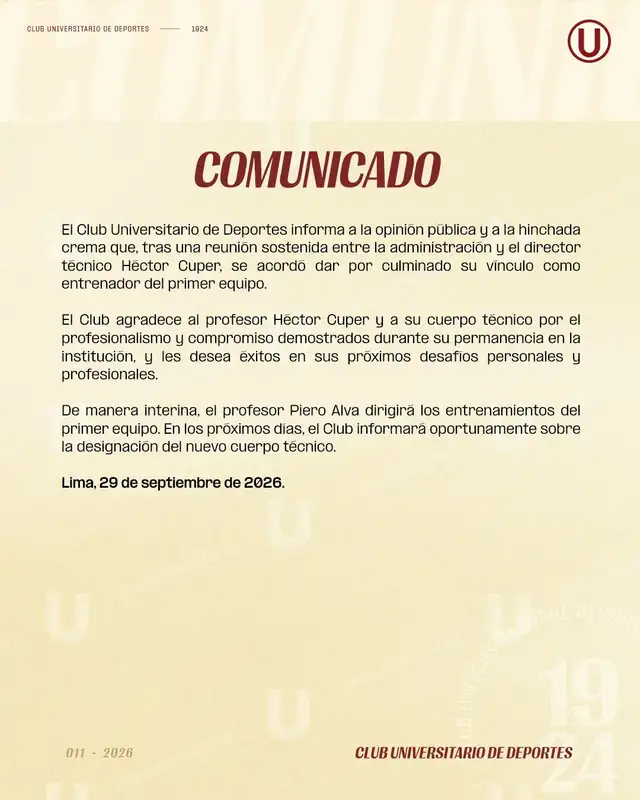 Comunicado Universitario sobre Héctor Cúper. Foto: Universitario.  