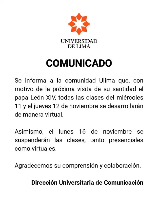 Las clases se realizarán de manera virtual el 11 y 12 de noviembre, mientras que el 16 se suspenderán todas las actividades académicas en la universidad. Las clases se realizarán de manera virtual el 11 y 12 de noviembre, mientras que el 16 se suspenderán todas las actividades académicas en la universidad.