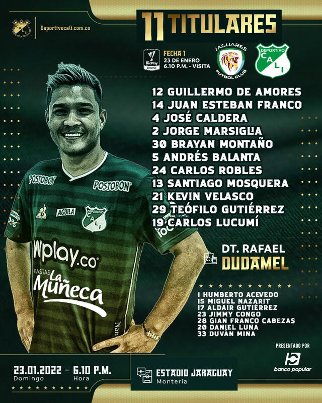 Formación de Deportivo Cali vs. Jaguares. Foto: Deportivo Cali