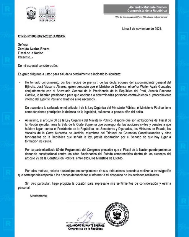 Oficio dirigido a la Fiscal de la Nación. Foto: Twitter