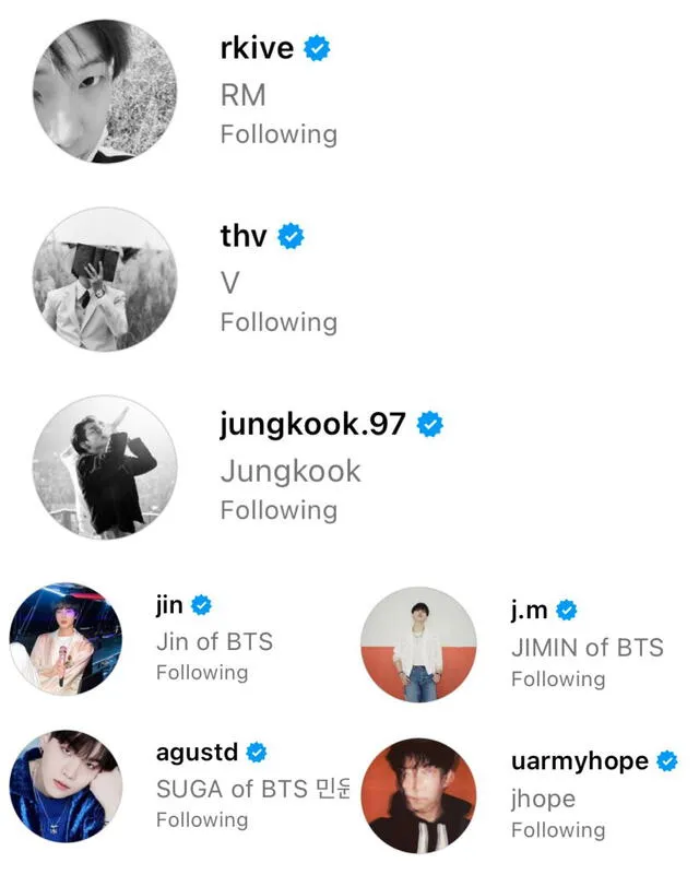 Fotos de perfil de BTS en Instagram. Fuente: vía Twitter