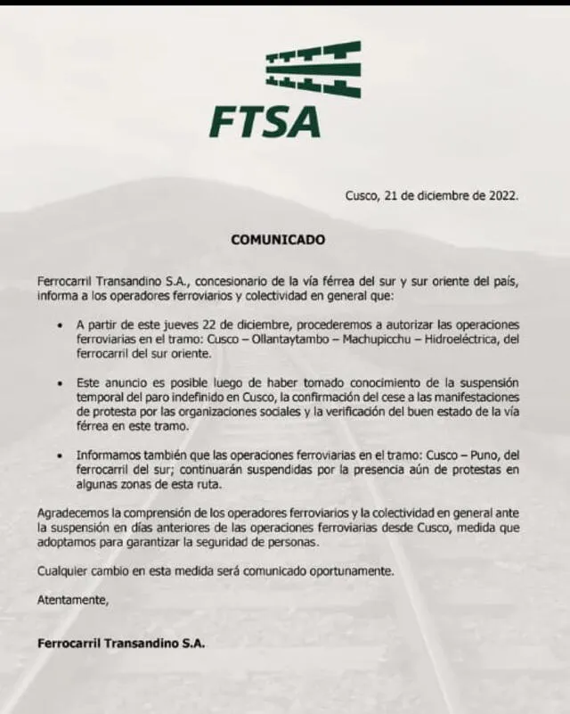 Informaron que este jueves inician las operaciones ferroviarias.