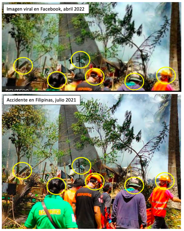 Comparación entre la foto compartida en Facebook como si se tratara de un accidente en Colombia (arriba) y una foto del accidente aéreo en Filipinas (abajo). Fuente: Composición LR, Facebook.