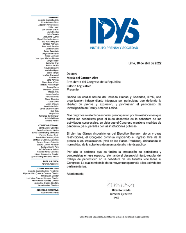 IPYS envío una carta a la presidenta del Congreso, María del Carmen Alva, para que la prensa no se afecte en su cobertura periodística.