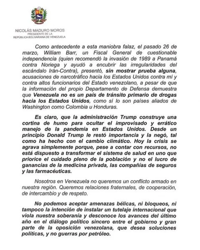 Maduro envía carta al pueblo norteamericano pidiendo detener la “locura” de Trump