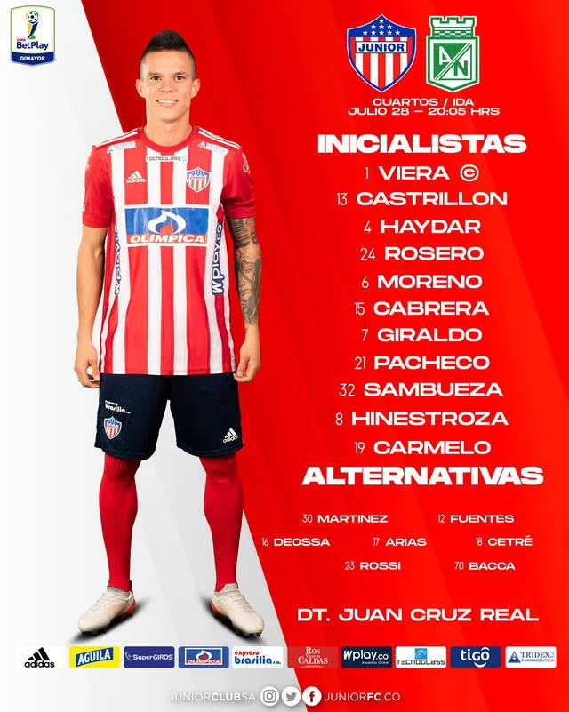 Así forma Junior ante Atlético Nacional. Foto: Junior/Twitter