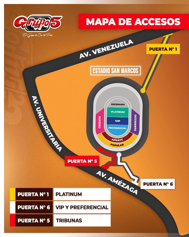Access map to the San Marcos Stadium for the Grupo 5 concert. Photo: Grupo 5/Instagram   