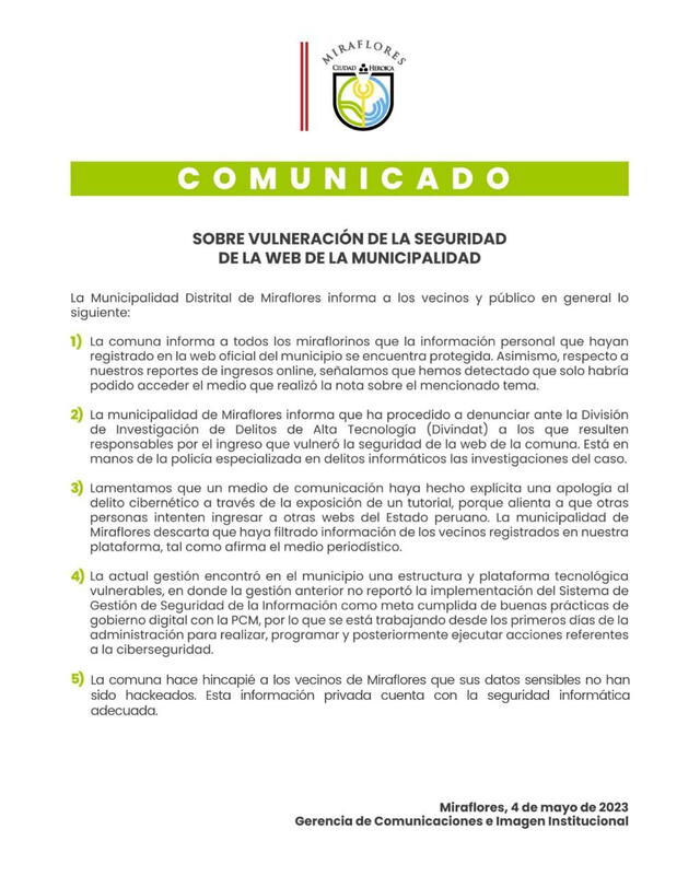  Comunicado de la Municipalidad de Miraflores sobre la filtración de datos personales de los ciudadanos miraflorinos. Foto: Twitter/Muni de Miraflores   