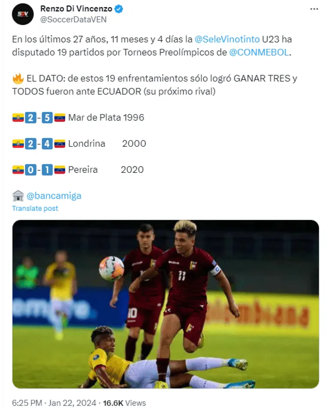 Venezuela, cada vez que disputó un torneo preolímpico, logró sus únicas victorias frente a Ecuador, su rival de este martes 23 de enero. Foto: SoccerDataVen/X   