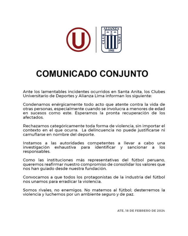 Comunicado de Alianza Lima y Universitario. Foto: Twitter/Universitario de Deportes.   