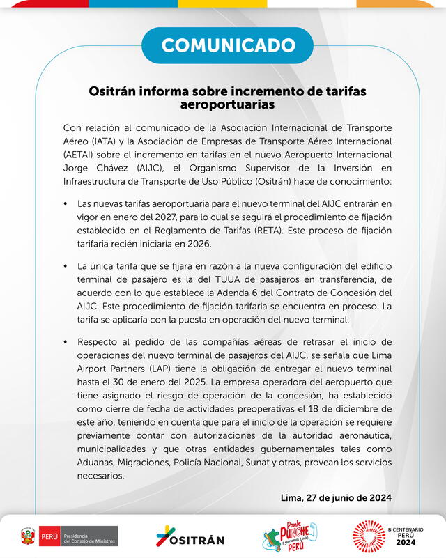  Ositrán respondió sobre elevación de tarifas en aeropuerto Jorge Chávez. Foto: Ositrán   