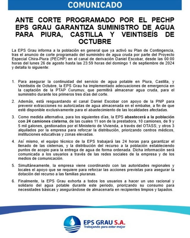  Entidad informa sobre el corte del servicio. Foto: EPS Grau    