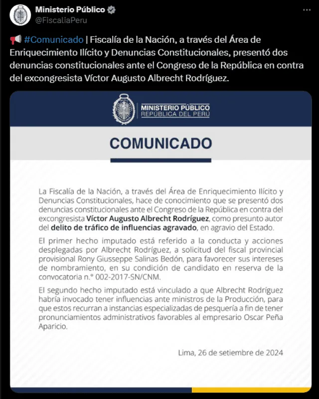 Comunicado de las denuncias contra Víctor Augusto Albrecht Rodríguez. Foto: X   