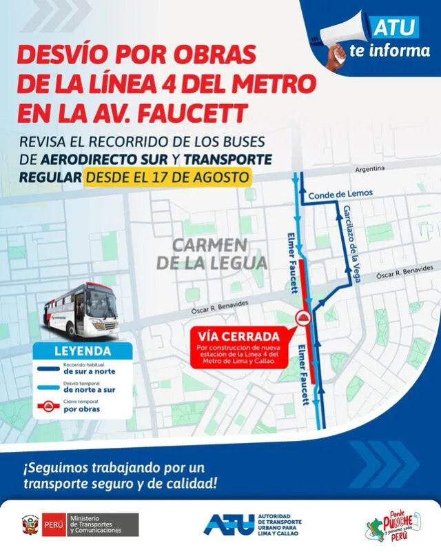 ATU anuncia plan de desvíos vehiculares por obras de la Línea 4 del Metro en Lima y Callao. Foto: ATU.   