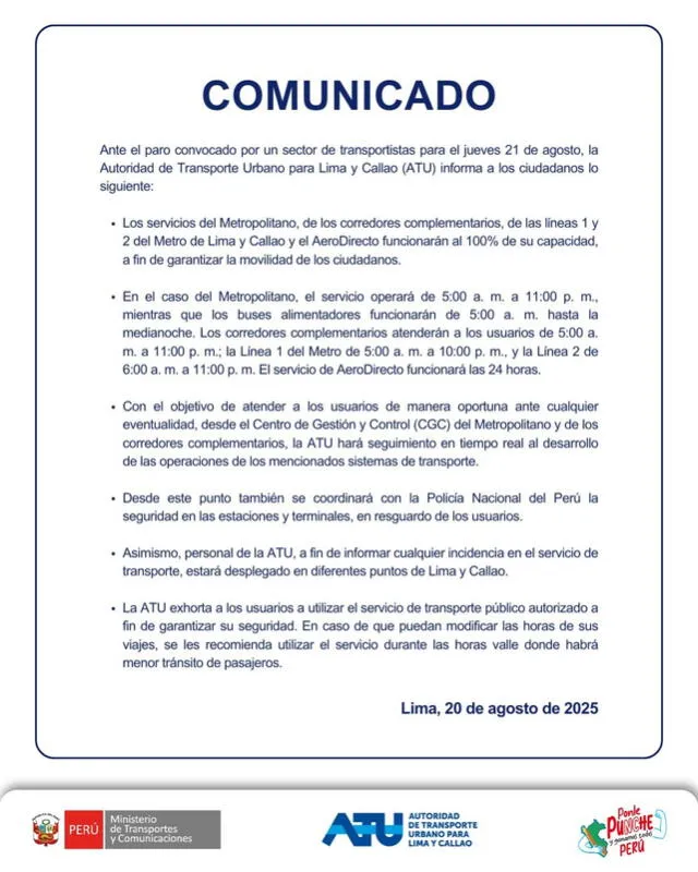 ATU se pronuncia sobre el paro de este 21 de agosto. Foto: ATU   