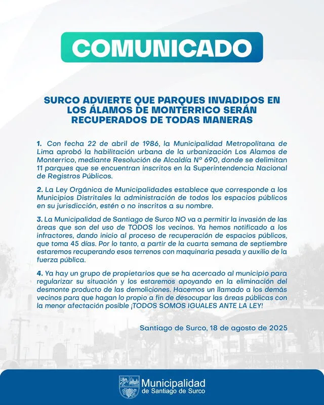 Comunicado de la Municipalidad de Surco advirtiendo a los vecinos. Foto: X Comunicado de la Municipalidad de Surco advirtiendo a los vecinos. Foto: X