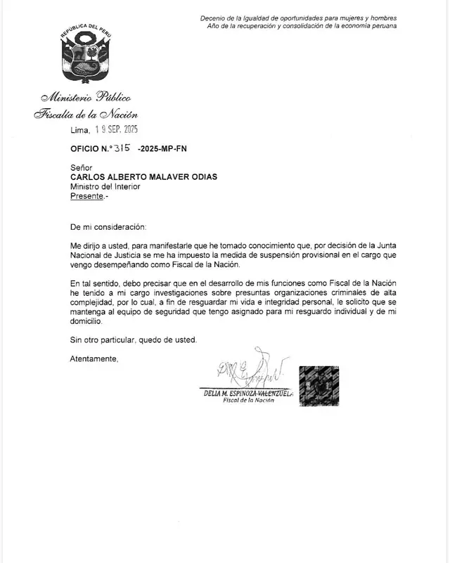 Oficio de la aun Fiscal de la Nación, Delia Espinoza al Ministerio del Interior, Carlos Malaver Odias. Oficio de la aun Fiscal de la Nación, Delia Espinoza al Ministerio del Interior, Carlos Malaver Odias.