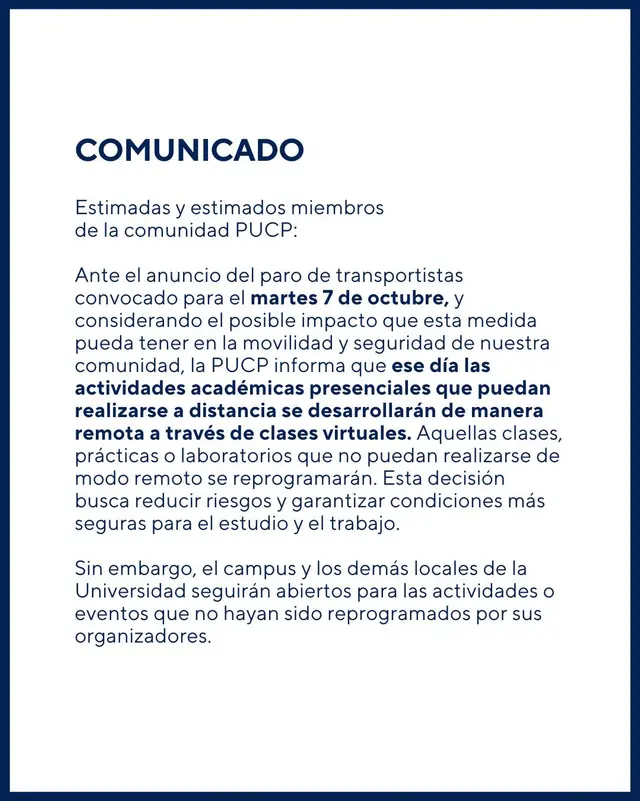 Pontificia Universidad Católica del Perú anuncia clases virtuales el 7 de octubre.    