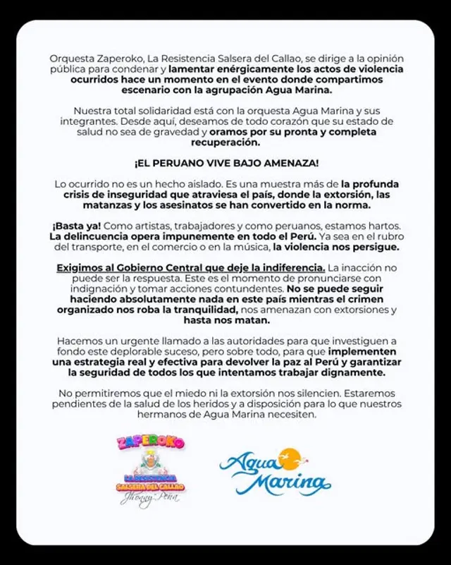 Comunicado de orquesta Zaperoko. Foto: Cuenta oficial de Facebook 