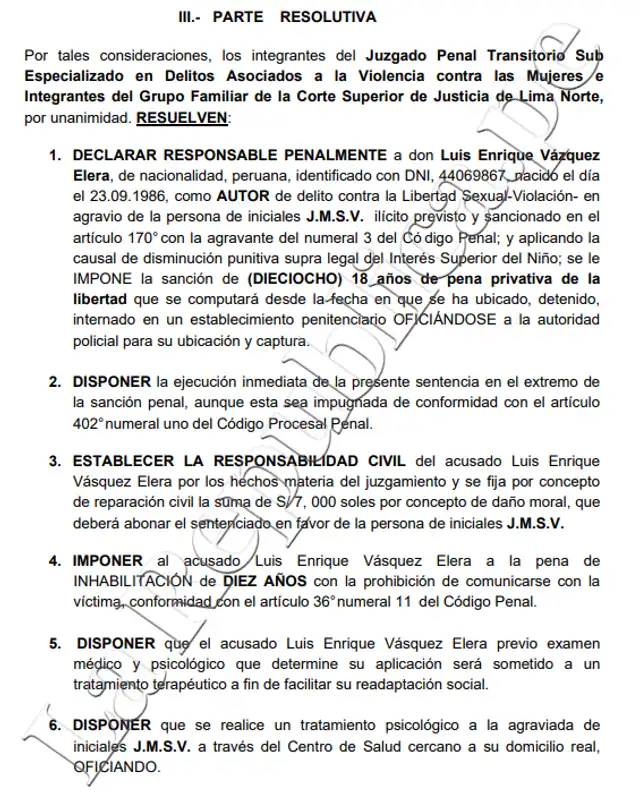 Resolución de la sentencia contra Luis Vásquez Elera
