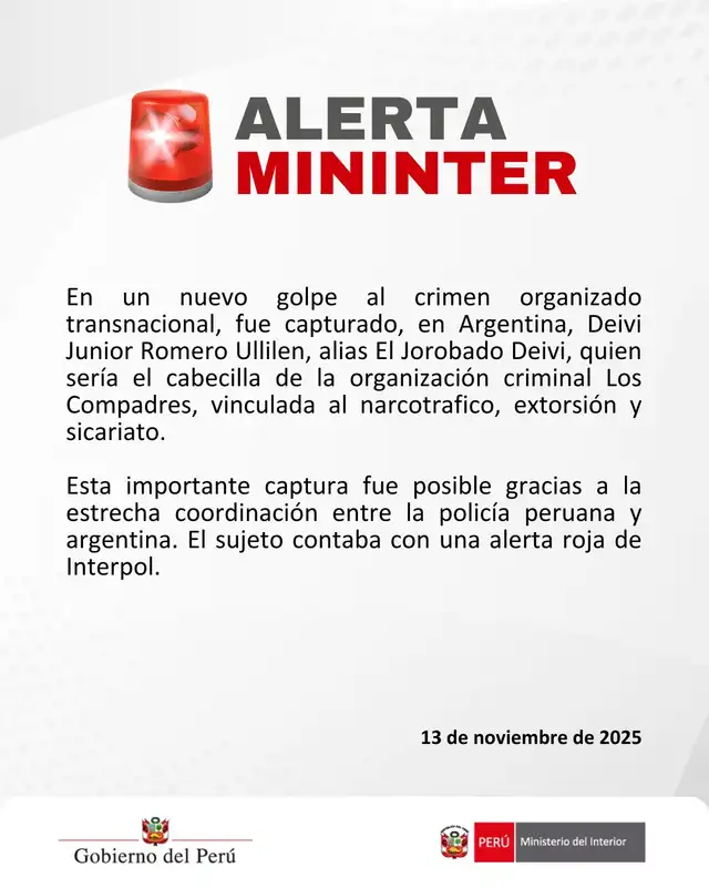  Comunicado sobre la captura de Deivi Junior Romer Ullilen. Créditos: Mininter   