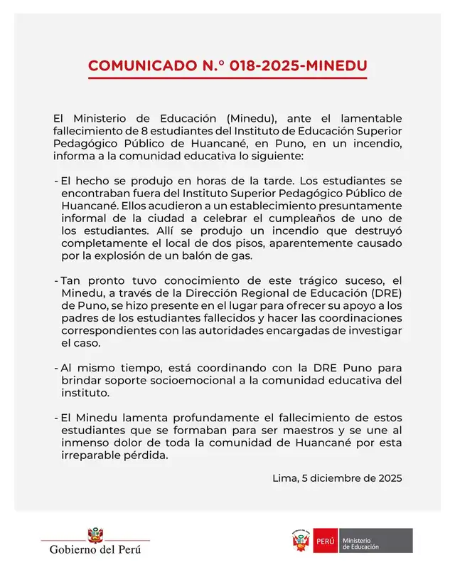 Minedu se pronunció tras el fatal fallecimiento de 10 estudiantes. Foto: X.   