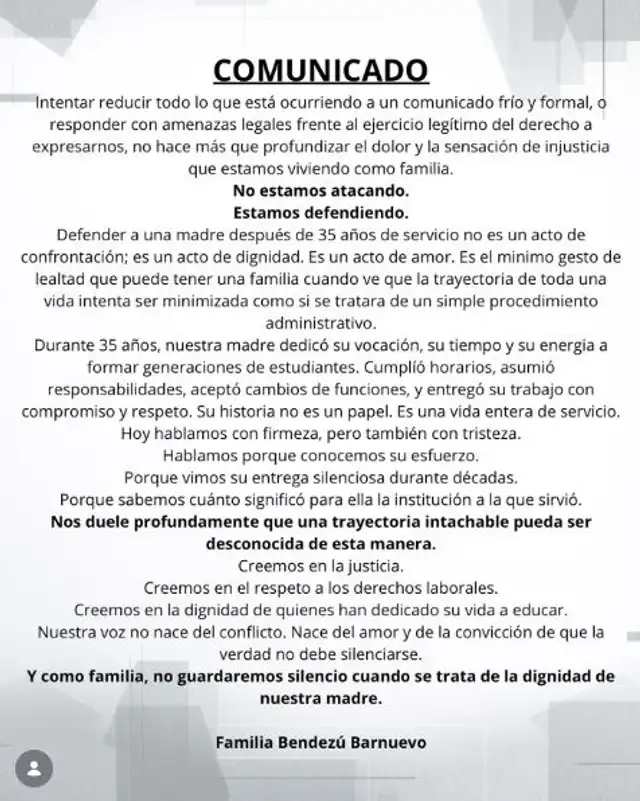 Comunicado de la familia de profesora Barnuevo tras pronunciamiento del colegio. Foto: Difusión Comunicado de la familia de profesora Barnuevo tras pronunciamiento del colegio. Foto: Difusión