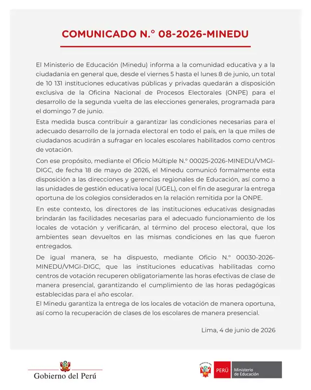 Minedu, ONPE, suspende clases