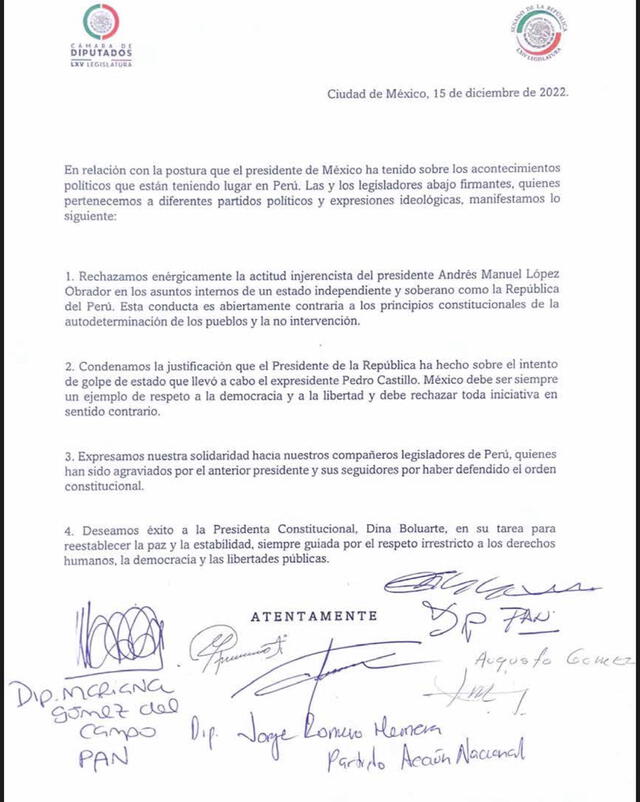 En la misiva, los legisladores además desearon éxitos a la gestión de Dina Boluarte. Foto: @marianagc/Twitter