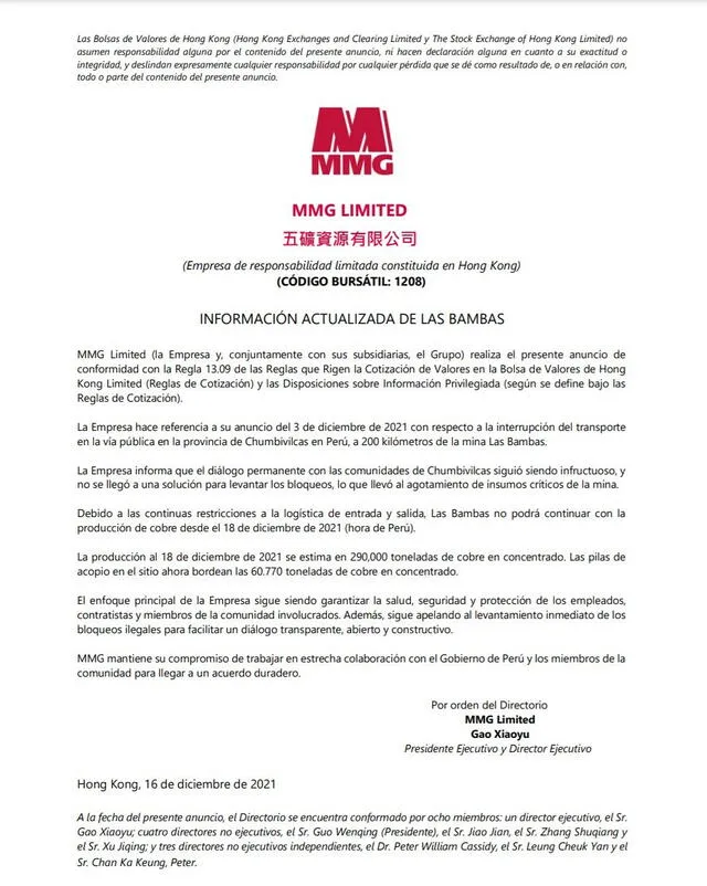 Fuente: MMG Limited