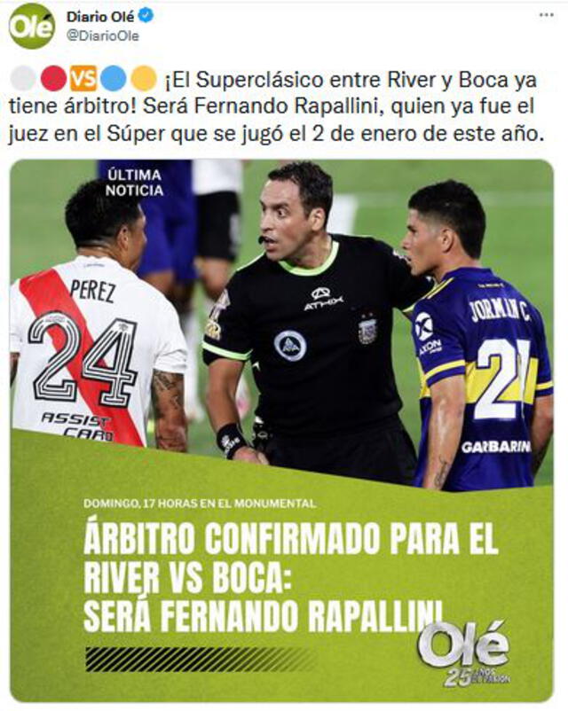 Fernando Rapallini dirigirá el Boca-River