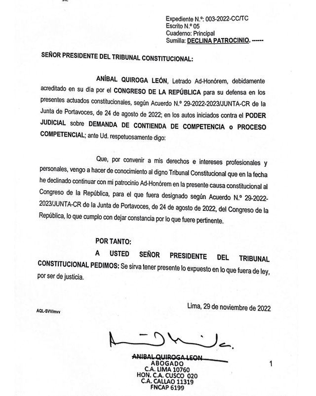 Aníbal Quiroga declina de patrocinio al Congreso. Oficio remitido al Tribunal Constitucional.