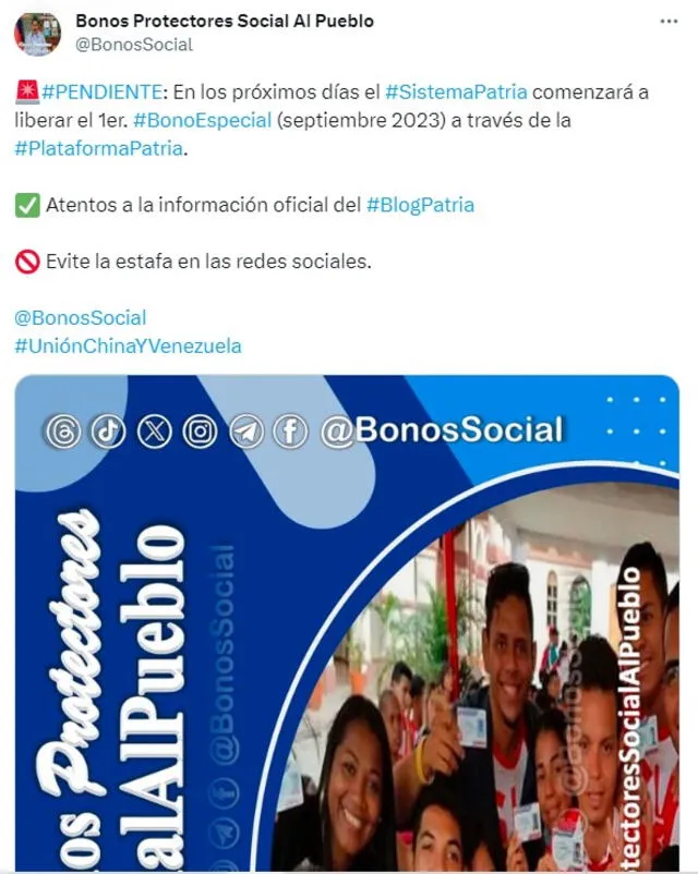 El Primer Bono Especial de septiembre estará siendo pagado en los próximos días por Patria. Foto: Bonos Protectores Social Al Pueblo   