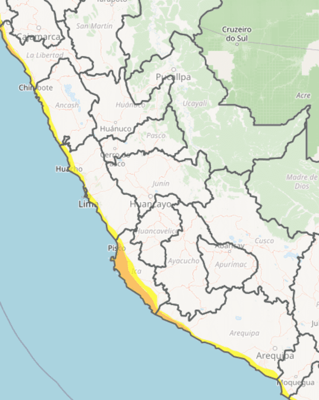  Mapa de las ciudades costeras que se verán afectadas. Foto: Senamhi, aviso N°233   